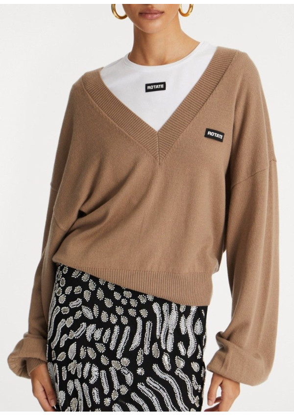 ROTATE JERSEY V-NECK MARRON