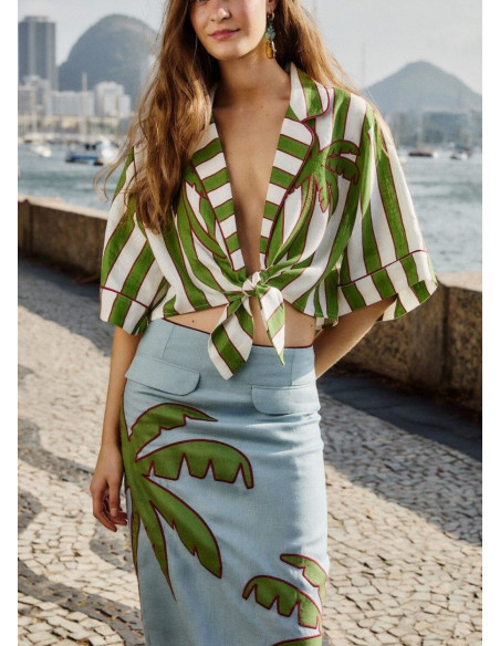 FARM RIO CAMISA CROP RAYAS PALMERAS