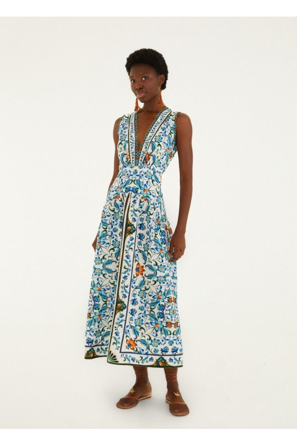 FARM RIO FLORA TILE MIDI DRESS