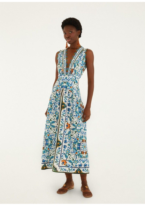 FARM RIO FLORA TILE MIDI DRESS