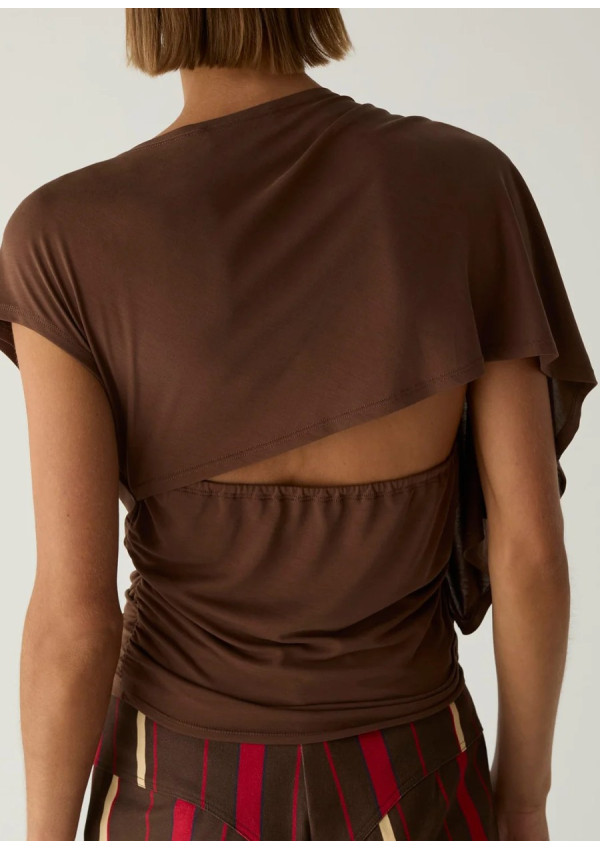 LAAGAM ALF BROWN ASYMMETRIC DRAPPED TOP