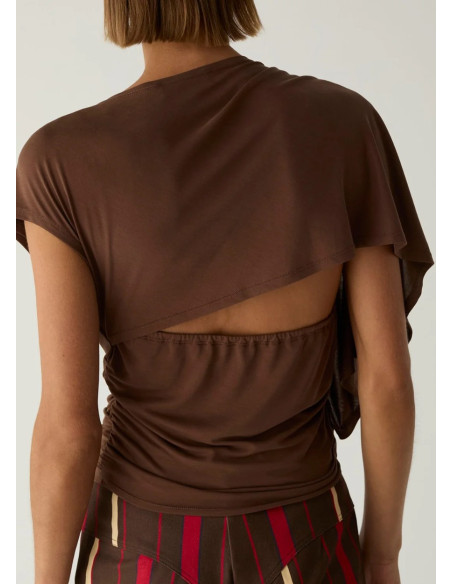LAAGAM ALF BROWN ASYMMETRIC DRAPPED TOP