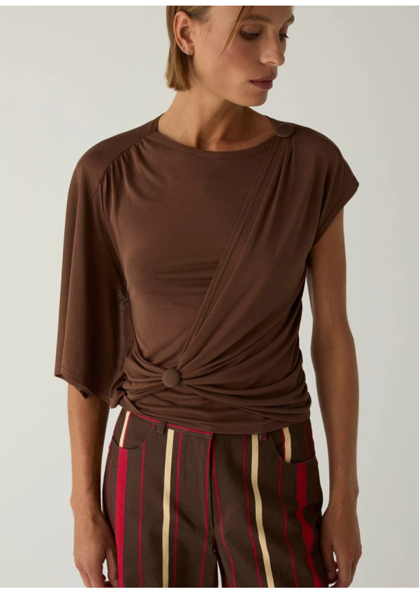 LAAGAM ALF BROWN ASYMMETRIC DRAPPED TOP