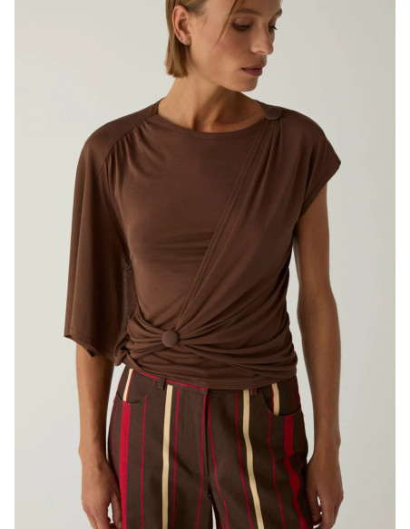 LAAGAM ALF BROWN ASYMMETRIC DRAPPED TOP